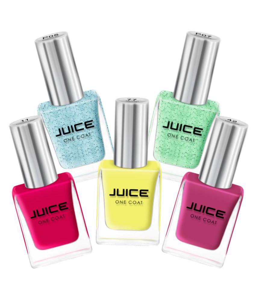     			Juice BLUE,GREEN,RED,PINK PEACH,YELLOW Nail Polish P05,P07,11,42,77 Multi Glossy Pack of 5 55 mL