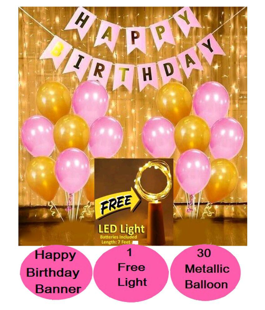     			Kiran Enterprises Happy Birthday Banner ( Pink ) + 30 Metallic Balloon ( Pink, Gold ) + FREE 1pcs LED Light With Battery (7 Feet)