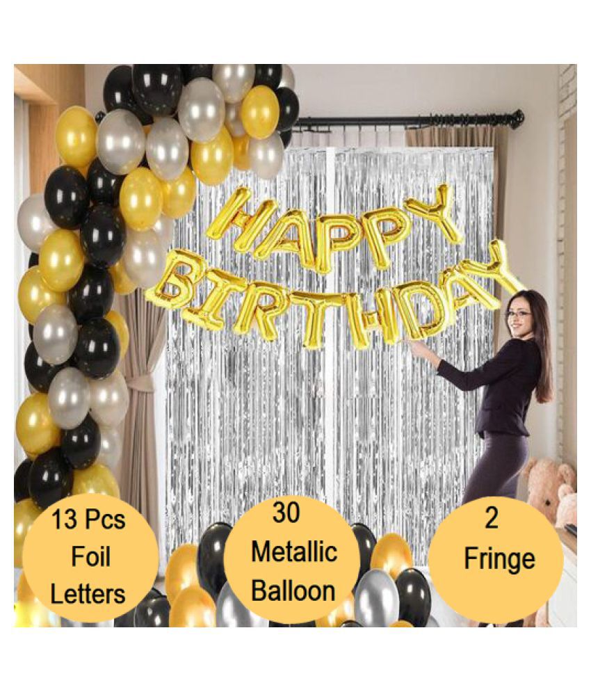     			Kiran Enterprises Happy Birthday Foil Letter Balloon ( Gold ) + 2pcs Silver Fringe Curtain + 30 Metallic Balloon ( Black, Silver, Gold )