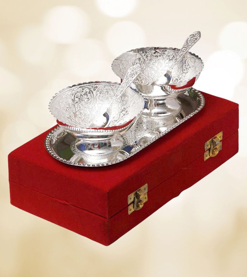 GS Museum German Silver Plated Gift Bowl Tray Set