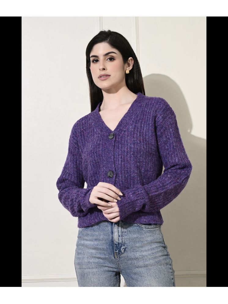     			CIEARO VINTAGE Acro Wool V Neck Women's Buttoned Cardigans - Purple ( Single )