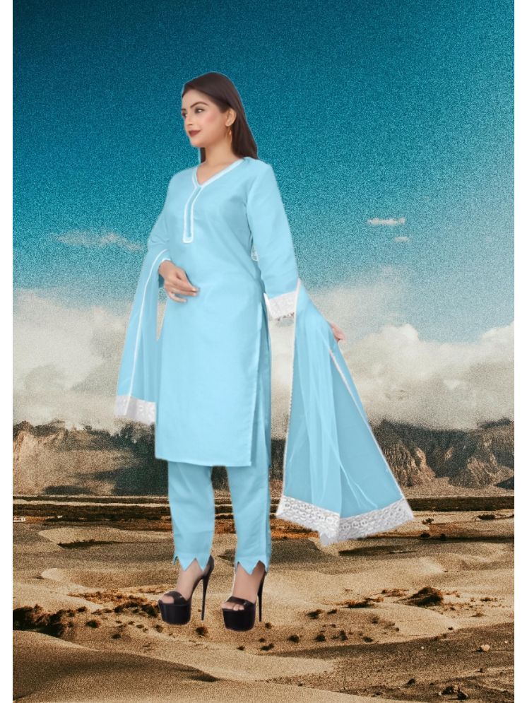     			M Enterprise Cotton Self Design Kurti With Pants Women's Stitched Salwar Suit - Light Blue ( Pack of 1 )