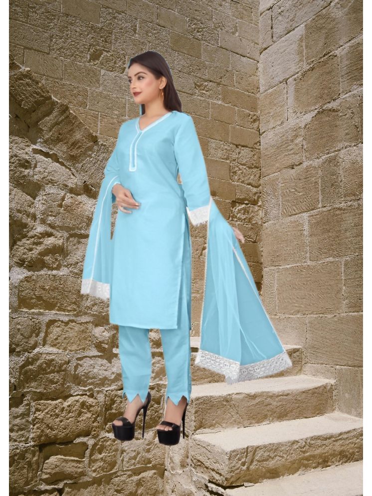     			M Enterprise Cotton Self Design Kurti With Pants Women's Stitched Salwar Suit - Light Blue ( Pack of 1 )