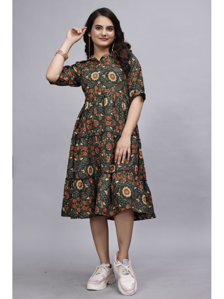     			Devakii Cotton Blend Printed Knee Length Women's Fit & Flare Dress - Green ( Pack of 1 )