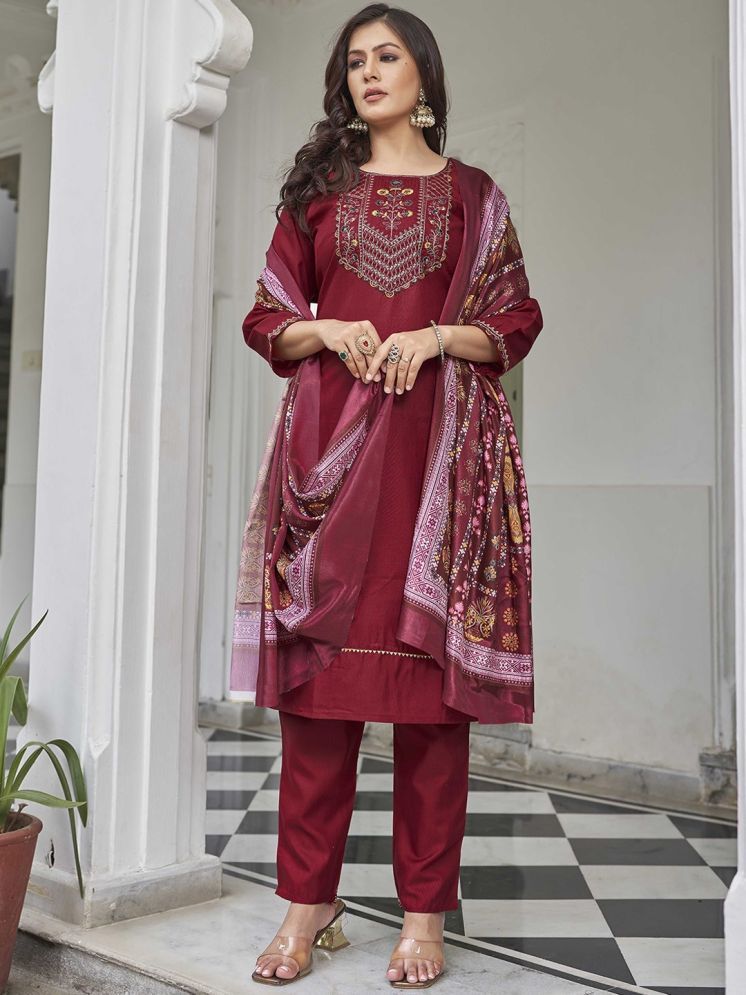     			JINAL & JINAL Cotton Blend Embroidered Kurti With Pants Women's Stitched Salwar Suit - Maroon ( Pack of 1 )