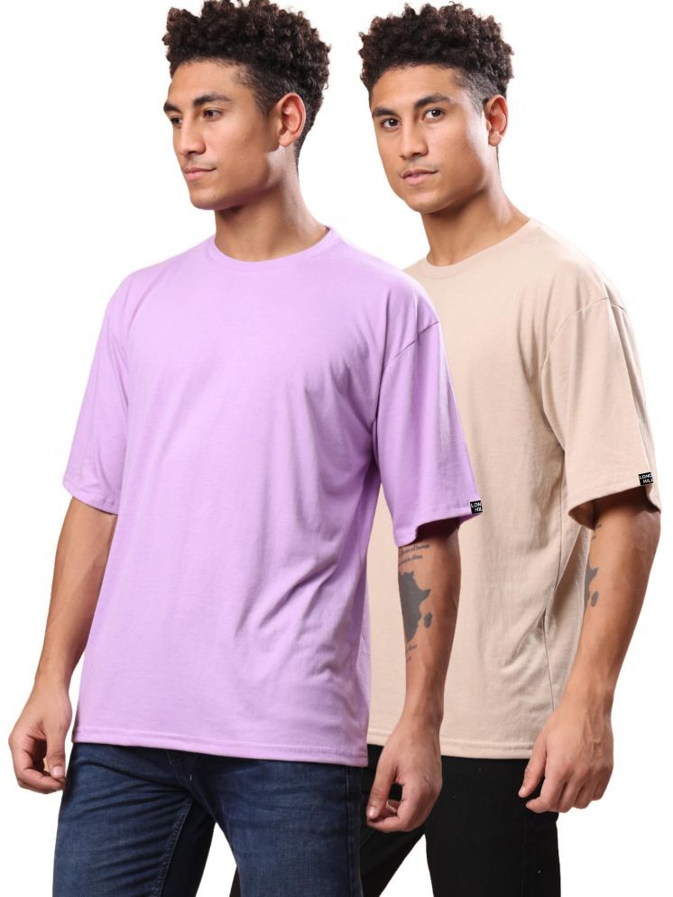     			LONDON HILLS Cotton Blend Oversized Fit Solid Half Sleeves Men's Round T-Shirt - Cream ( Pack of 2 )