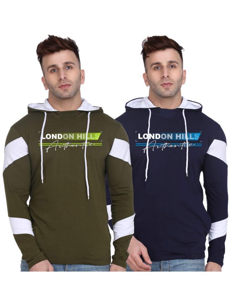     			LONDON HILLS Cotton Blend Regular Fit Colorblock Full Sleeves Men's Hooded T-Shirt - Olive ( Pack of 2 )