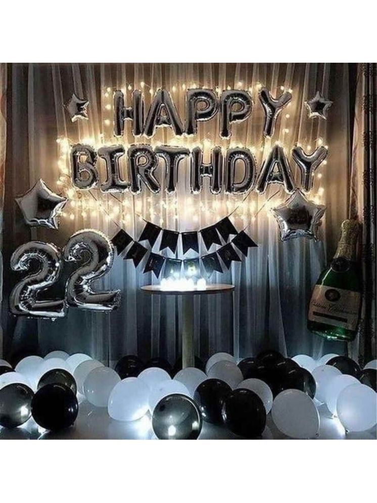     			PartyBooms Happy BIrthday Silver Foil Decoration, 1HBD Black Decoration Item, 4 Silver Stars Foil 22 Silver Number Foil 10 Silver, 10 Black, 10 White Metalic Balloons Pack of 38