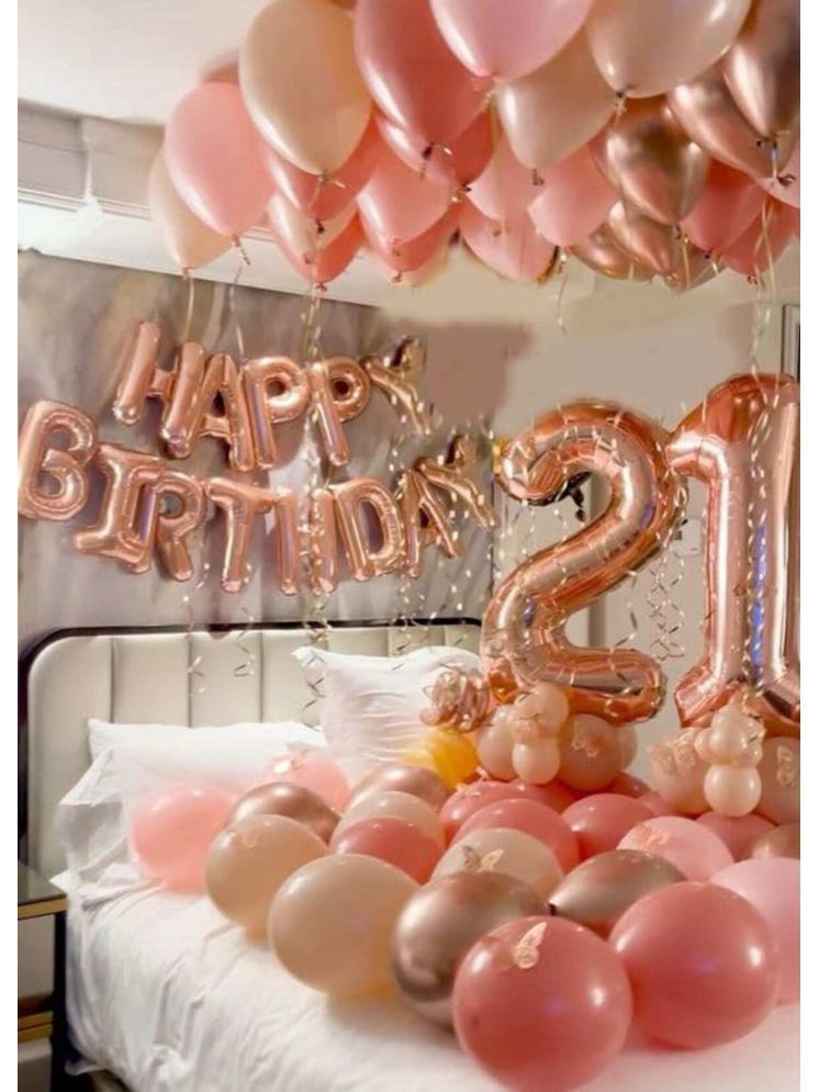     			PartyBooms Happy Birthday Rosegold Foil Decoration, 21 Number RoseGold Foil, 30 White, Pink, Rosegold Metalic Balloons Pack of 33