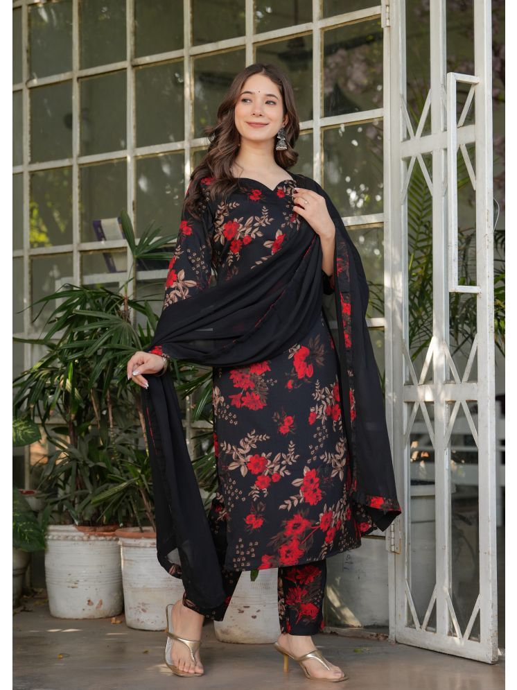     			SAREEKART FAB Silk Blend Printed Kurti With Pants Women's Stitched Salwar Suit - Black ( Pack of 1 )