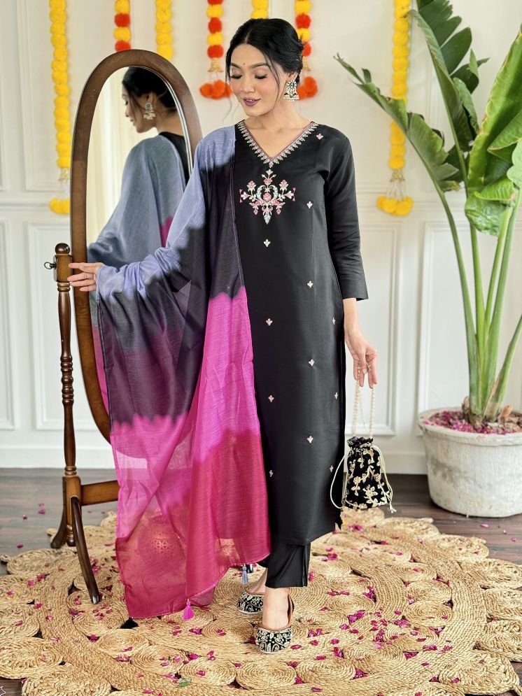     			Vividvibe Chanderi Embroidered Kurti With Pants Women's Stitched Salwar Suit - Black ( Pack of 1 )