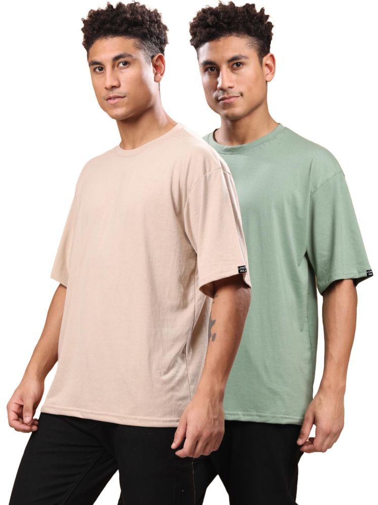     			LONDON HILLS Cotton Blend Oversized Fit Solid Half Sleeves Men's Round T-Shirt - Green ( Pack of 2 )