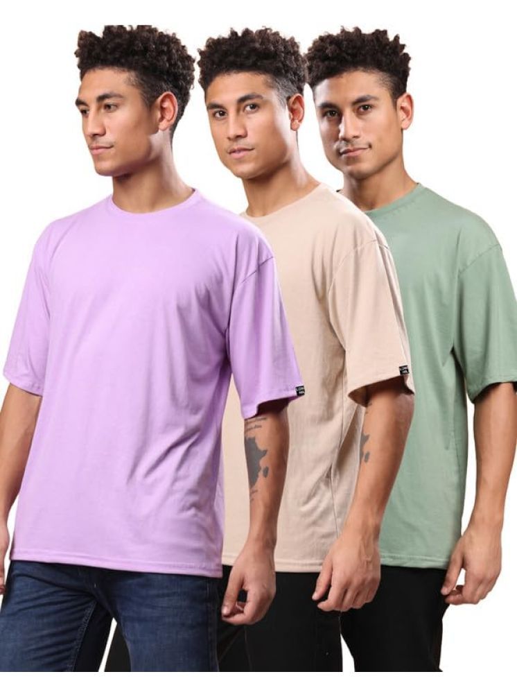     			LONDON HILLS Cotton Blend Oversized Fit Solid Half Sleeves Men's Round T-Shirt - Lavender ( Pack of 3 )