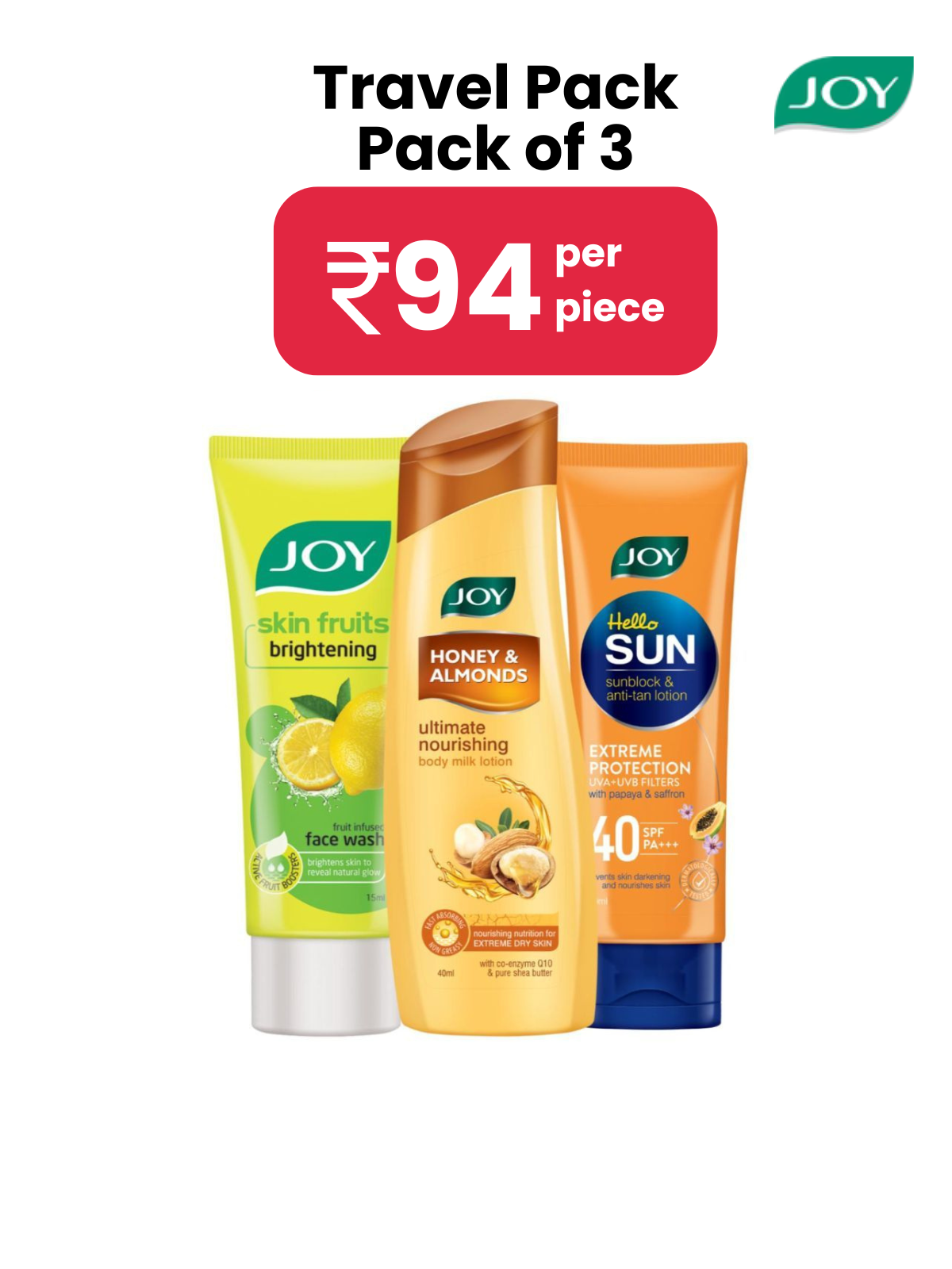     			Joy Travel Pack - Lemon Face wash(50ml), Body Lotion (40ml), Sunscreen SPF40(60ml), Pack of 3