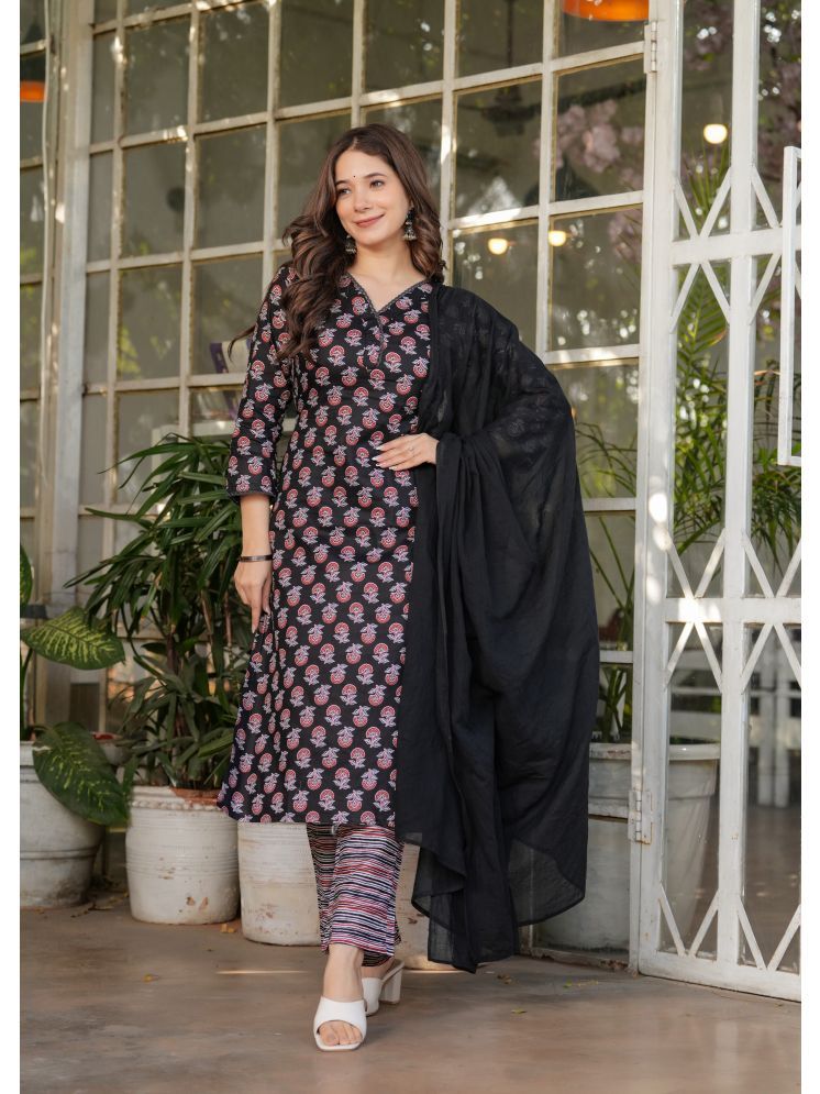     			Vividvibe Cotton Printed Kurti With Pants Women's Stitched Salwar Suit - Black ( Pack of 1 )