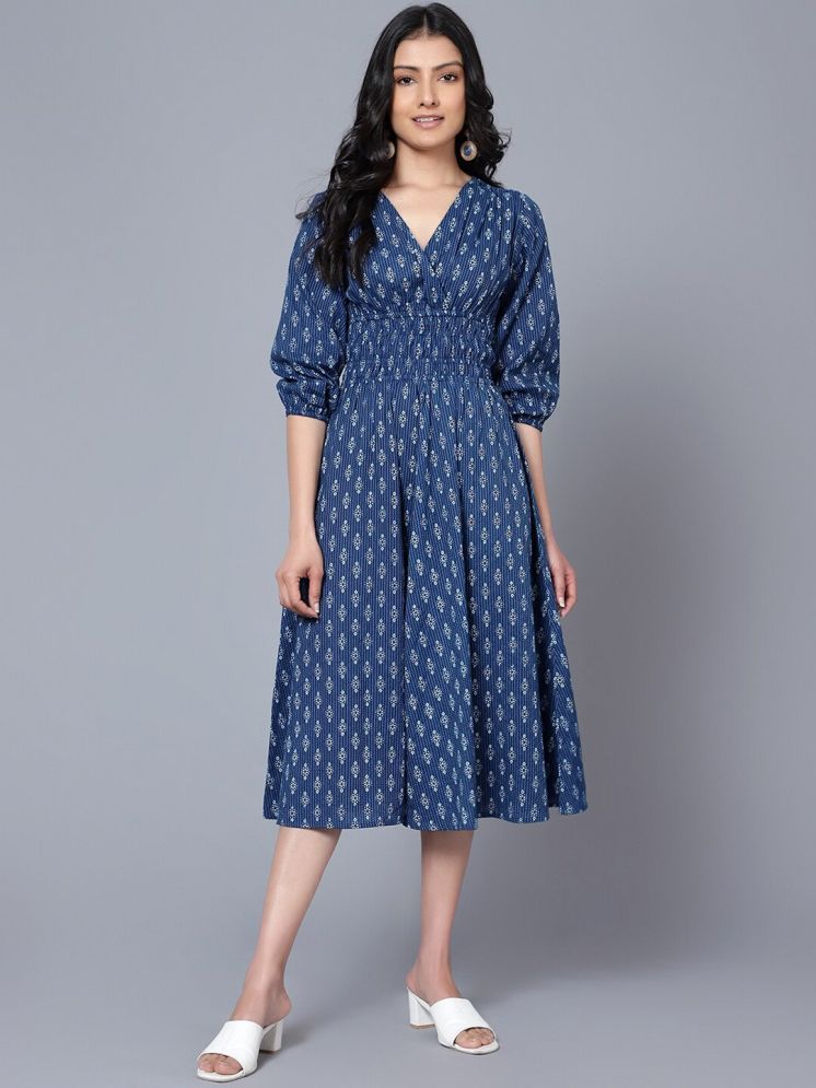     			Femvy Polyester Printed Ankle Length Women's Fit & Flare Dress - Navy ( Pack of 1 )