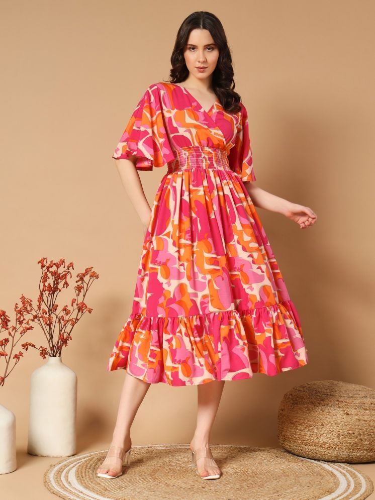     			Femvy Polyester Printed Knee Length Women's Fit & Flare Dress - Orange ( Pack of 1 )