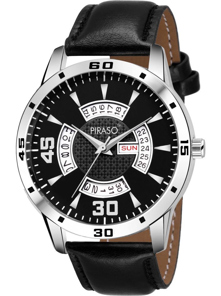     			PIRASO Black Leather Analog Men's Watch