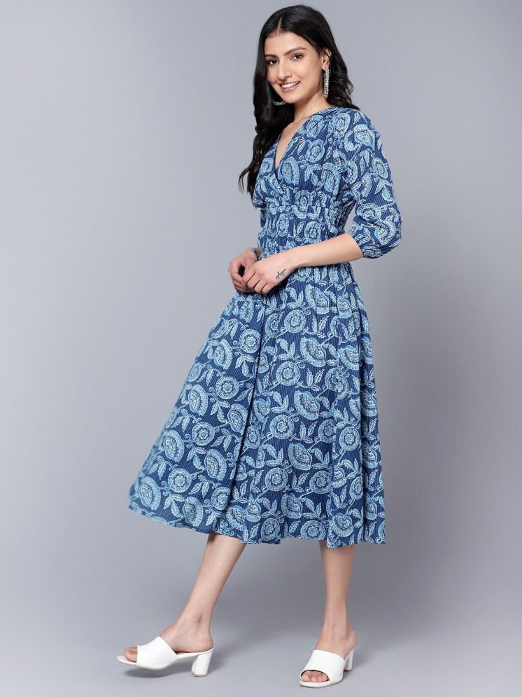     			RAIYANI FASHION Polyester Printed Midi Women's Fit & Flare Dress - Light Blue ( Pack of 1 )