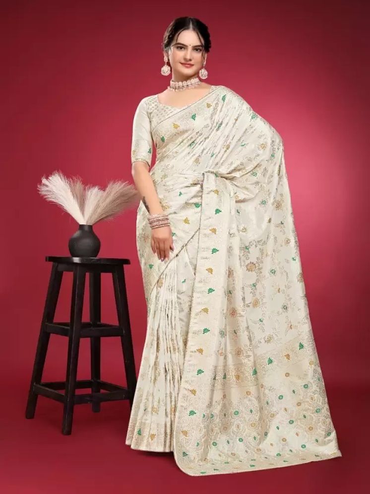     			Vkaran Pack of 1 Silk Woven Saree With Blouse Piece ( White )