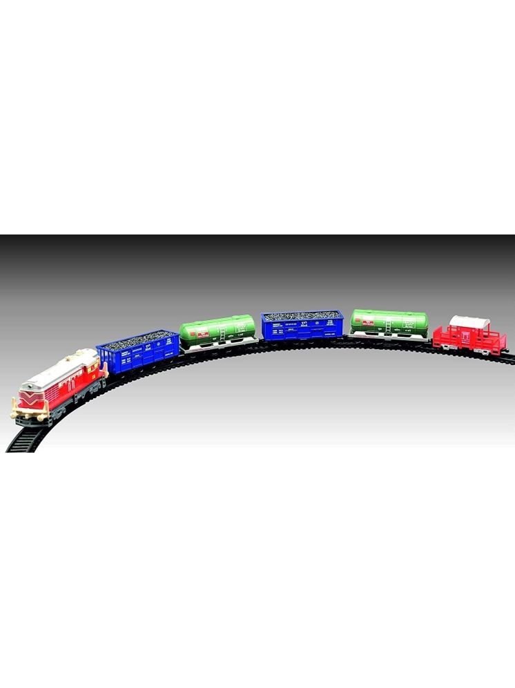     			Battery Operated Cargo Train Track Toy Set with Flash Light and Sound Vintage Train with Locomotive Engine,Cargo Car, Coal Wagon,Oil Tanker and Big Tracks (Multicolor)