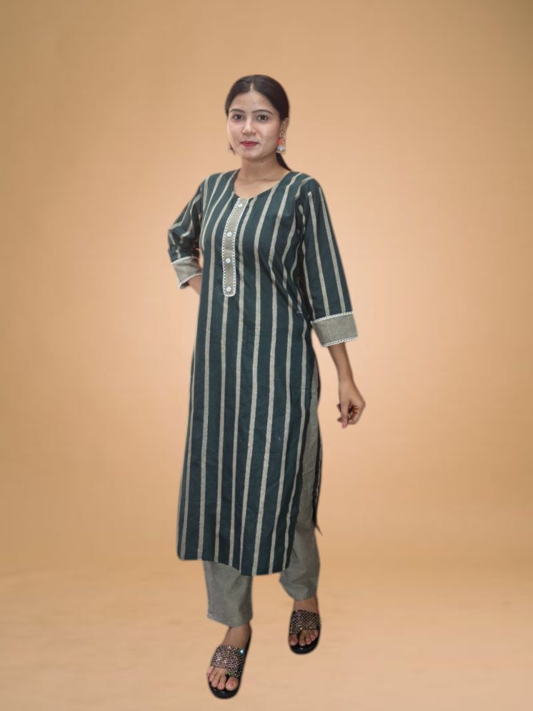     			AYUKTI FASHION PRIVATE LIMITED Cotton Blend Striped Knee Length Women's Side Slit Dress - Green ( Pack of 1 )