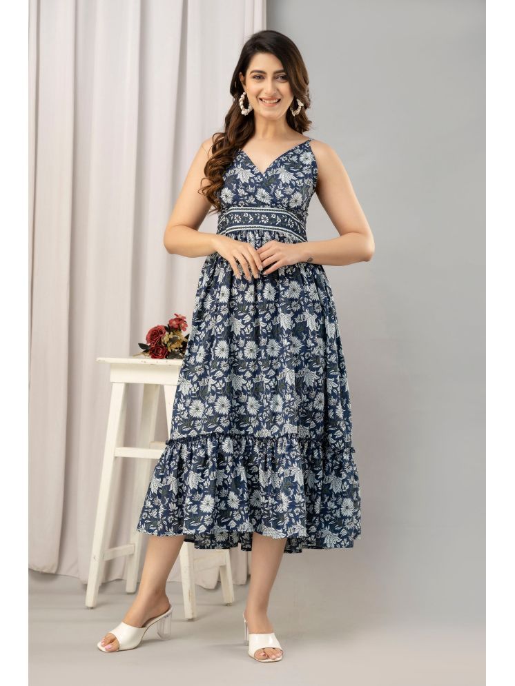     			Frionkandy Cotton Printed Full Length Women's Fit & Flare Dress - Navy Blue ( Pack of 1 )