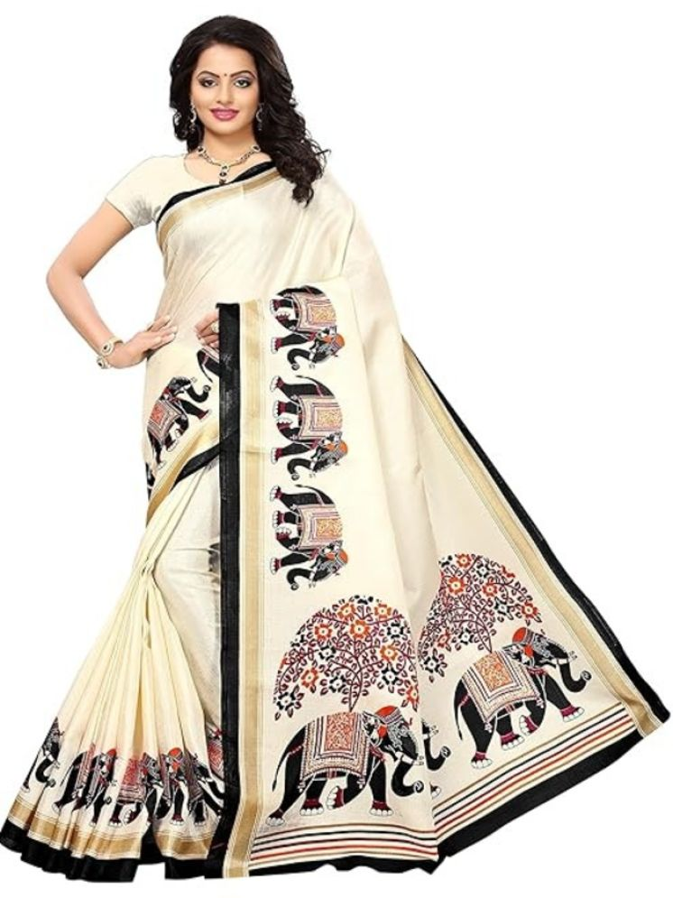     			Grubstaker Pack of 1 Art Silk Printed Saree With Blouse Piece ( White )