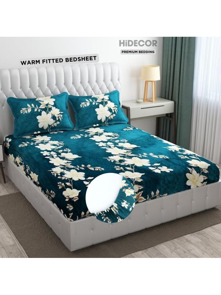     			HIDECOR Woollen Floral Printed Fitted Fitted bedsheet with 2 Pillow Covers ( King Size ) - Green