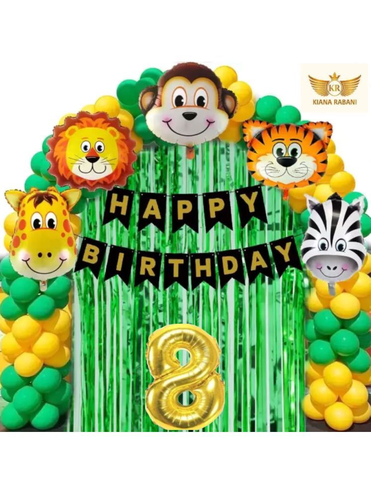     			KR 8TH HAPPY BIRTHDAY PARTY DECORATION WITH HAPPY BIRTHDAY BLACK GOLD BANNER (13), 15 GREEN 15 GOLD BALLOON, 5 ANIMAL FACE BALLOON, 2 GREEN CURTAIN, 1 ARCH, 8 NO. GOLD FOIL BALLOON