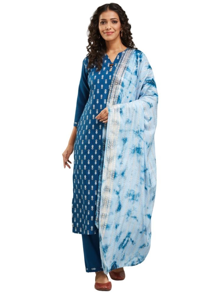     			Lady Shopi Chanderi Printed Kurti With Pants Women's Stitched Salwar Suit - Blue ( Pack of 1 )