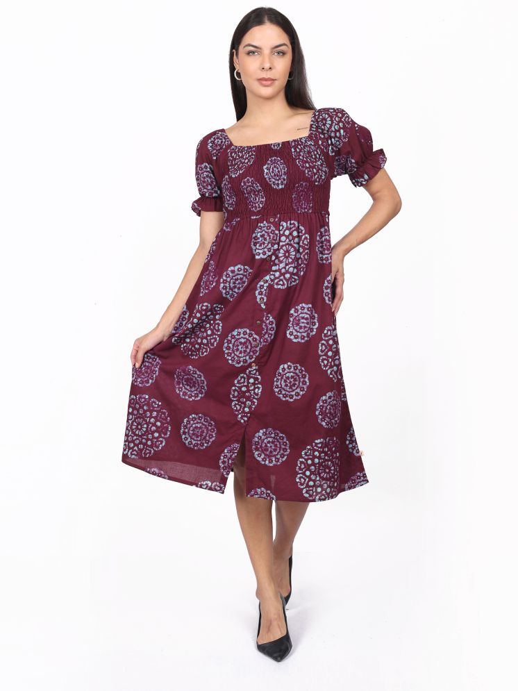     			SHADES OF YOU Cotton Printed Midi Women's A-line Dress - Wine ( Pack of 1 )