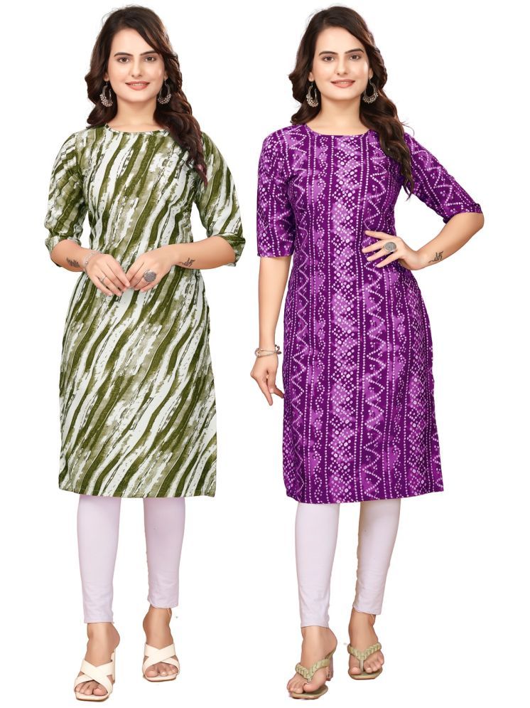     			VACHHARAJ DESIGN Pack of 2 Crepe Printed Straight Women's Kurti - ( Green,Purple )