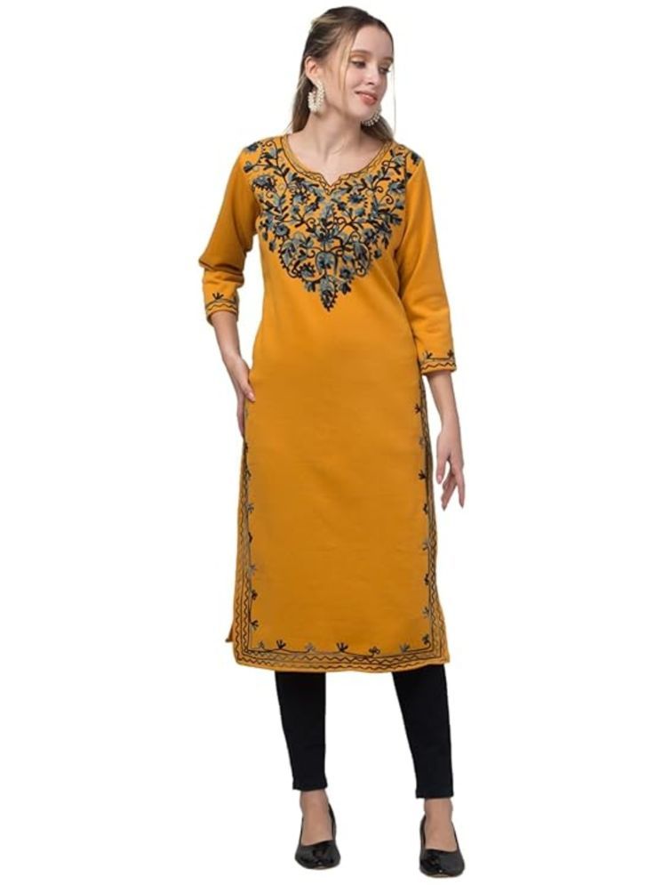     			Aura Glam Pack of 1 Woollen Embroidered Straight Women's Kurti - ( Mustard )