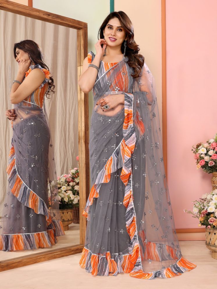     			DIKONA DESIGNER Pack of 1 Net Printed Saree With Blouse Piece ( Grey )