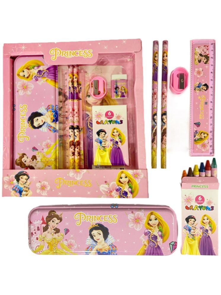     			Mannat Princess Stationery Kit with Pencil Box,Eraser,Scale,Sharpener and Crayon Stationary Set for Boys Kids Art Plastic Pencil Box (Set of 6, Multicolor)