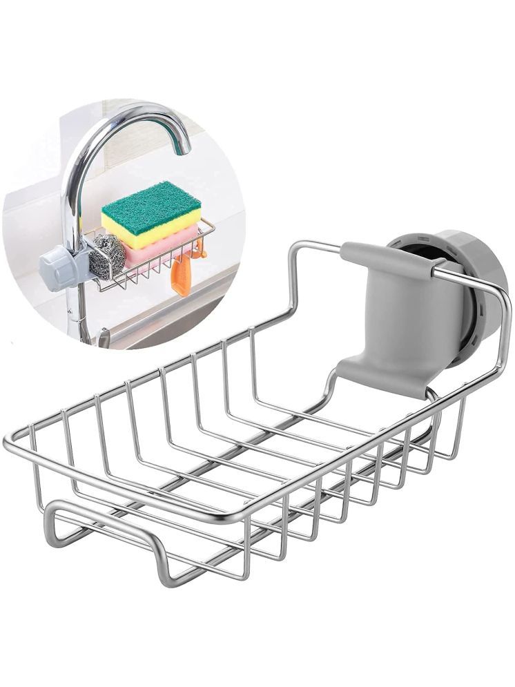     			THRIFTKART - Kitchen Sink Faucet Sponge Holder Caddy Organizer Over, Stainless Steel Heavy Duty Thickening Hanging Drain Rack for scrubbers, soap, Bathroom, Detachable no Suction Cup Bathroom soap Holder(1PC)