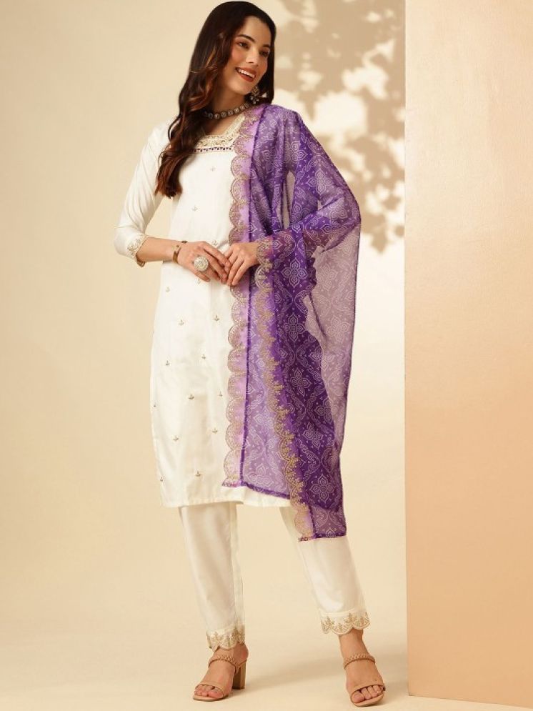     			Vividvibe Chanderi Embroidered Kurti With Pants Women's Stitched Salwar Suit - White ( Pack of 1 )