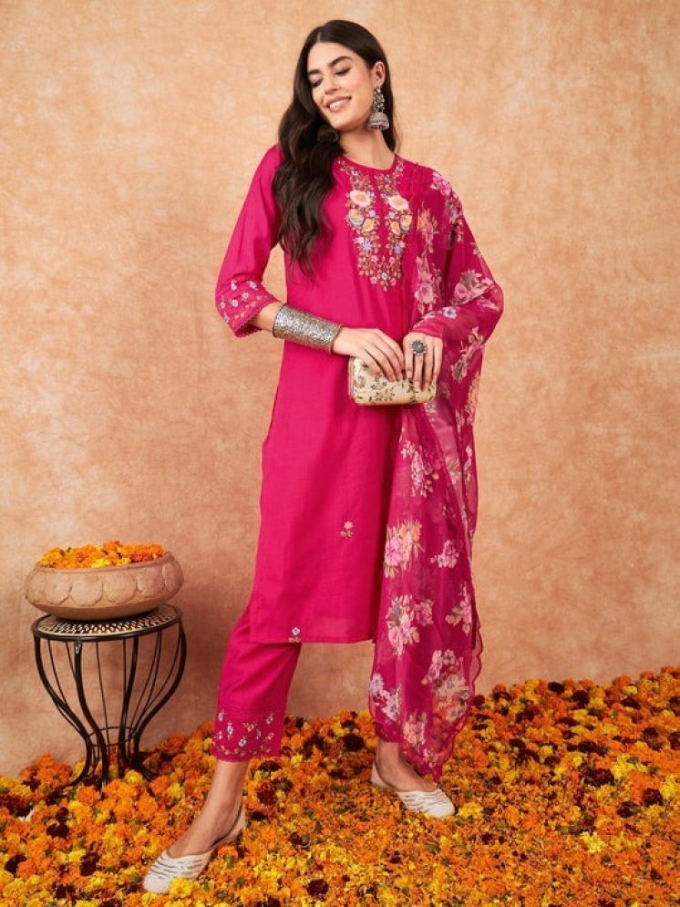     			Vividvibe Chanderi Embroidered Kurti With Pants Women's Stitched Salwar Suit - Pink ( Pack of 1 )