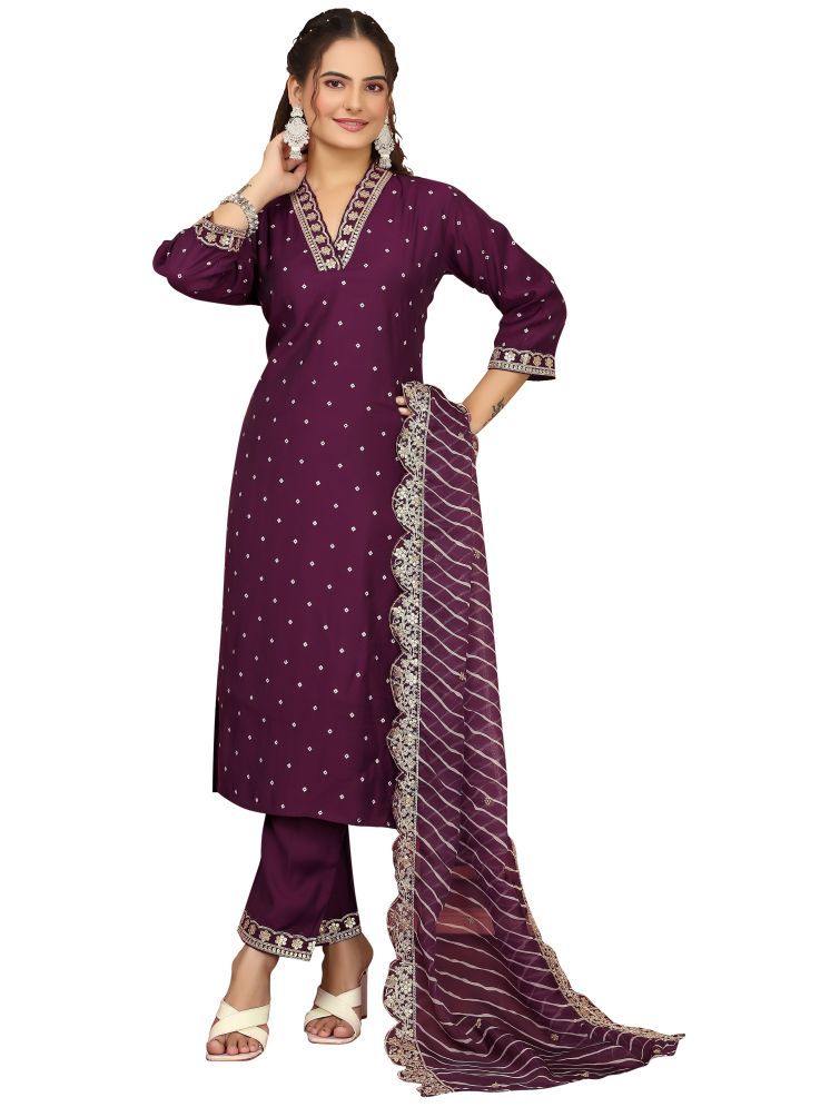     			BOUGHT FIRST Pack of 1 Cotton Silk Self Design A-line Women's Kurti with Dupatta - ( Purple )