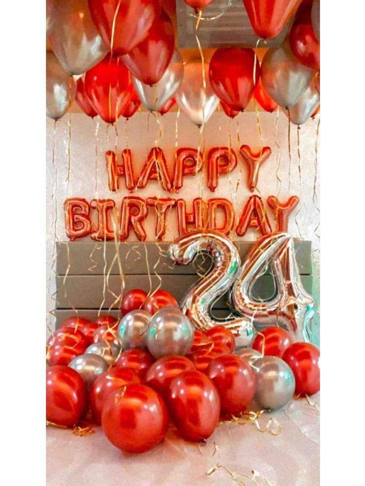     			PartyBooms Happy Birthday Red Foil Decoration, 24 Silver Number Foil, 20 Silver 20 Red Metalic Balloon Pack of 43