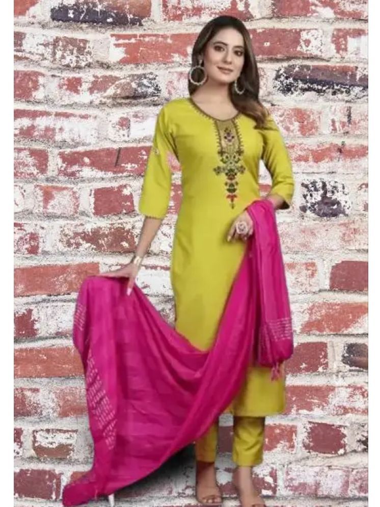     			bipinenterprise Cotton Self Design Kurti With Pants Women's Stitched Salwar Suit - Lime Green ( Pack of 1 )