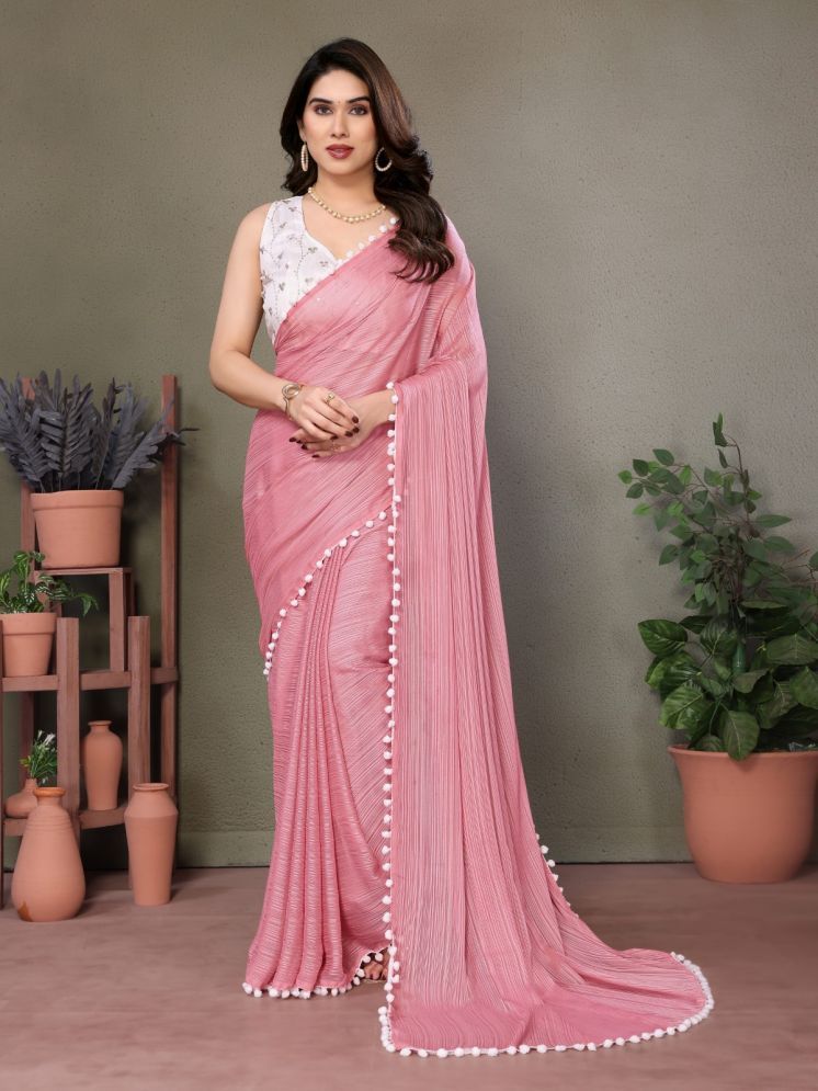     			BLEESBURY Pack of 1 Chiffon Striped Saree With Blouse Piece ( Pink )