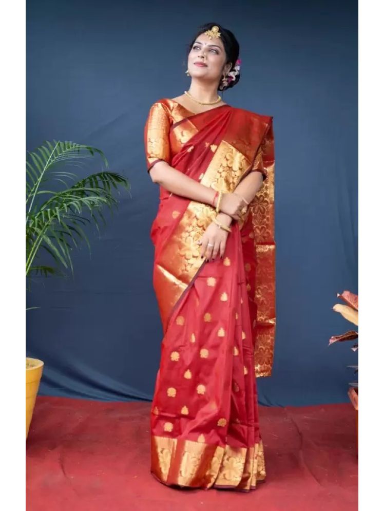     			Vkaran Pack of 1 Silk Woven Saree With Blouse Piece ( Red )