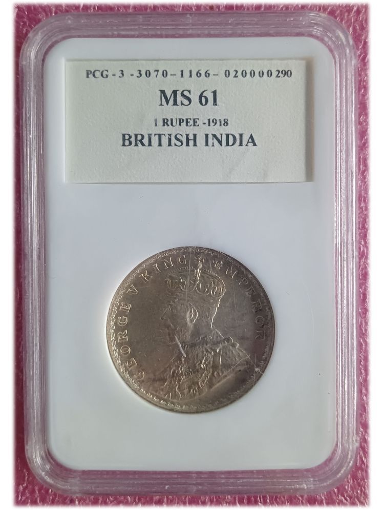     			British India King George V (KGV) 1 Rupee 1918 (PCG) Graded Silver Coin