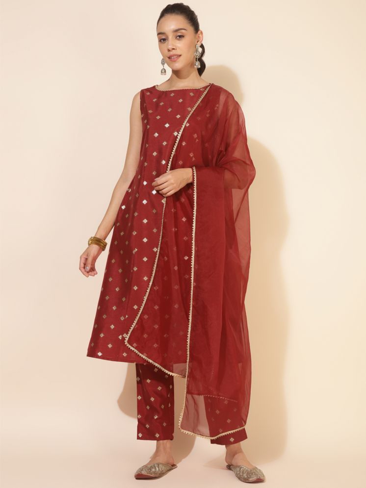     			Janasya Silk Blend Embellished Kurti With Pants Women's Stitched Salwar Suit - Maroon ( Pack of 1 )