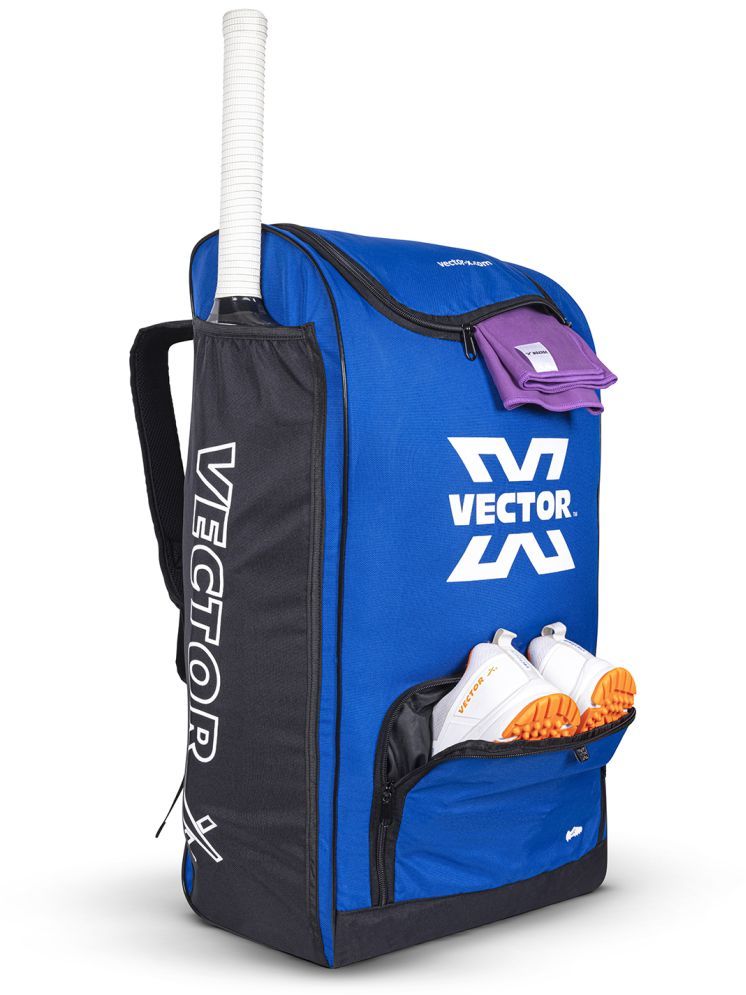     			Vector X Greenfield 60 Ltr. PU Polyester Cricket Backpack Senior Kit Bag Without Wheel|1 Pocket for Bat|Shoe & Accessories Pockets |1 Water Bottle Holders|Lightweight |Dual Opening (Blue - Black)