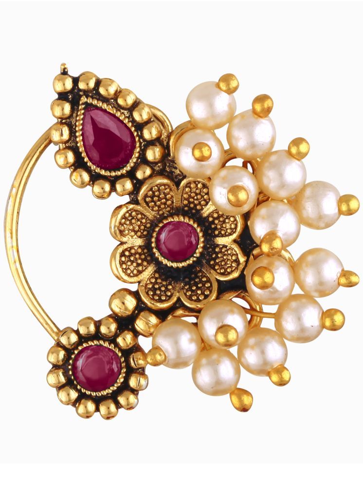     			Vighnaharta Gold Plated Red Stone Pearls (Moti )Maharashtrian Cultural Nath Nathiya./ Nose Pin for women[VFJ1299NTH-PRESS-RED]