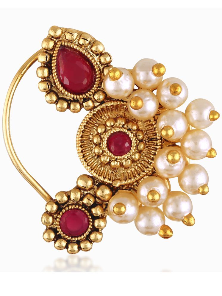     			Vighnaharta Gold Plated Red Stone Pearls (Moti )Maharashtrian Cultural Nath Nathiya./ Nose Pin for women[VFJ1298NTH-PRESS-RED]