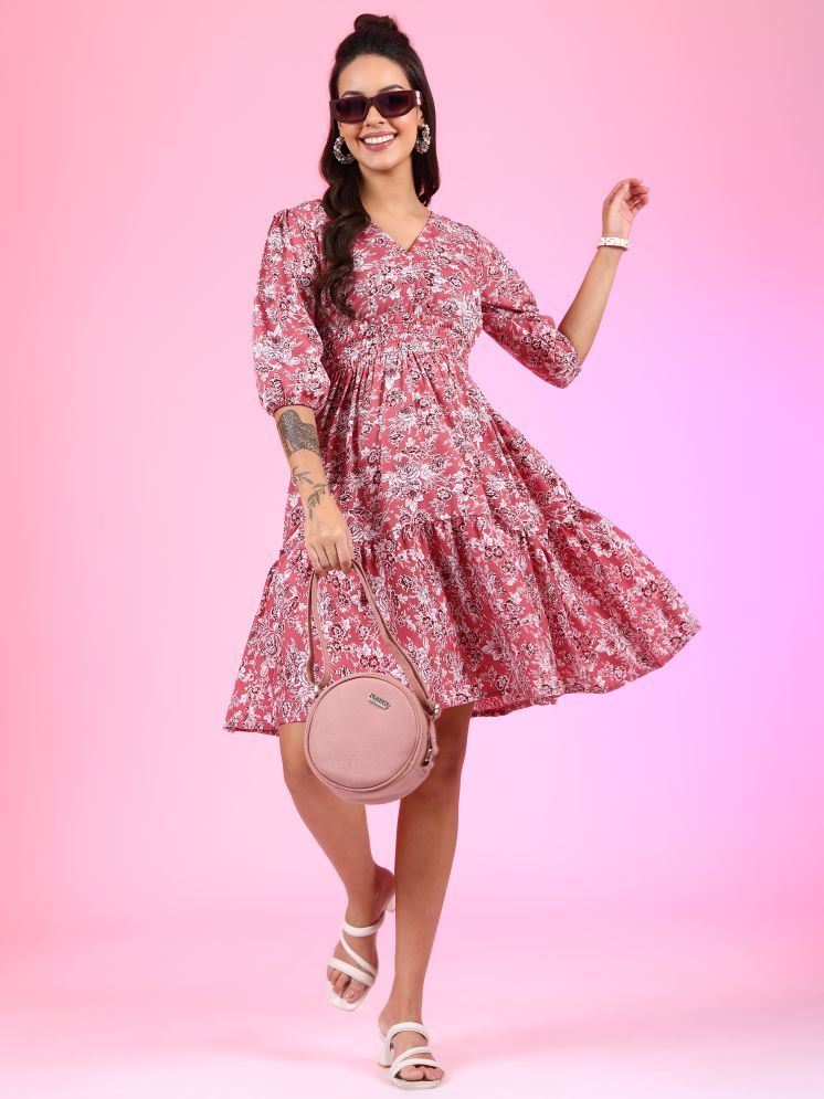     			Femvy Polyester Printed Above Knee Women's Fit & Flare Dress - Pink ( Pack of 1 )